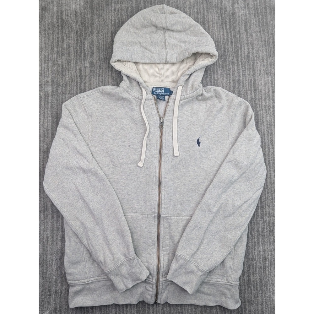 Polo Ralph Lauren Hoodie Men's Large Gray Full Zip Waffle Thermal Hood Y2K